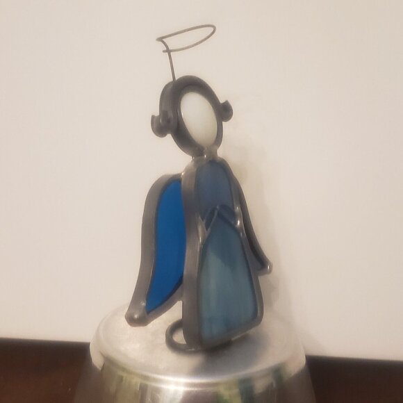 Vintage 1980 Blue Stained Glass Leaded Suncatcher Angel With‎ Halo 4" Standing - Picture 4 of 10